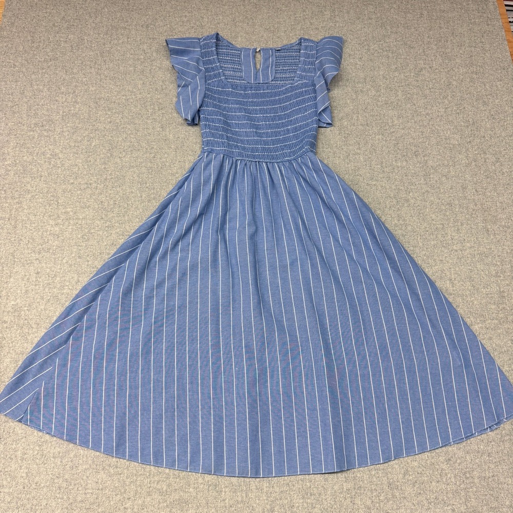 Unbranded Striped Smocked Midi Dress Size S Blue White Ruffle Sleeve Cotton Line
